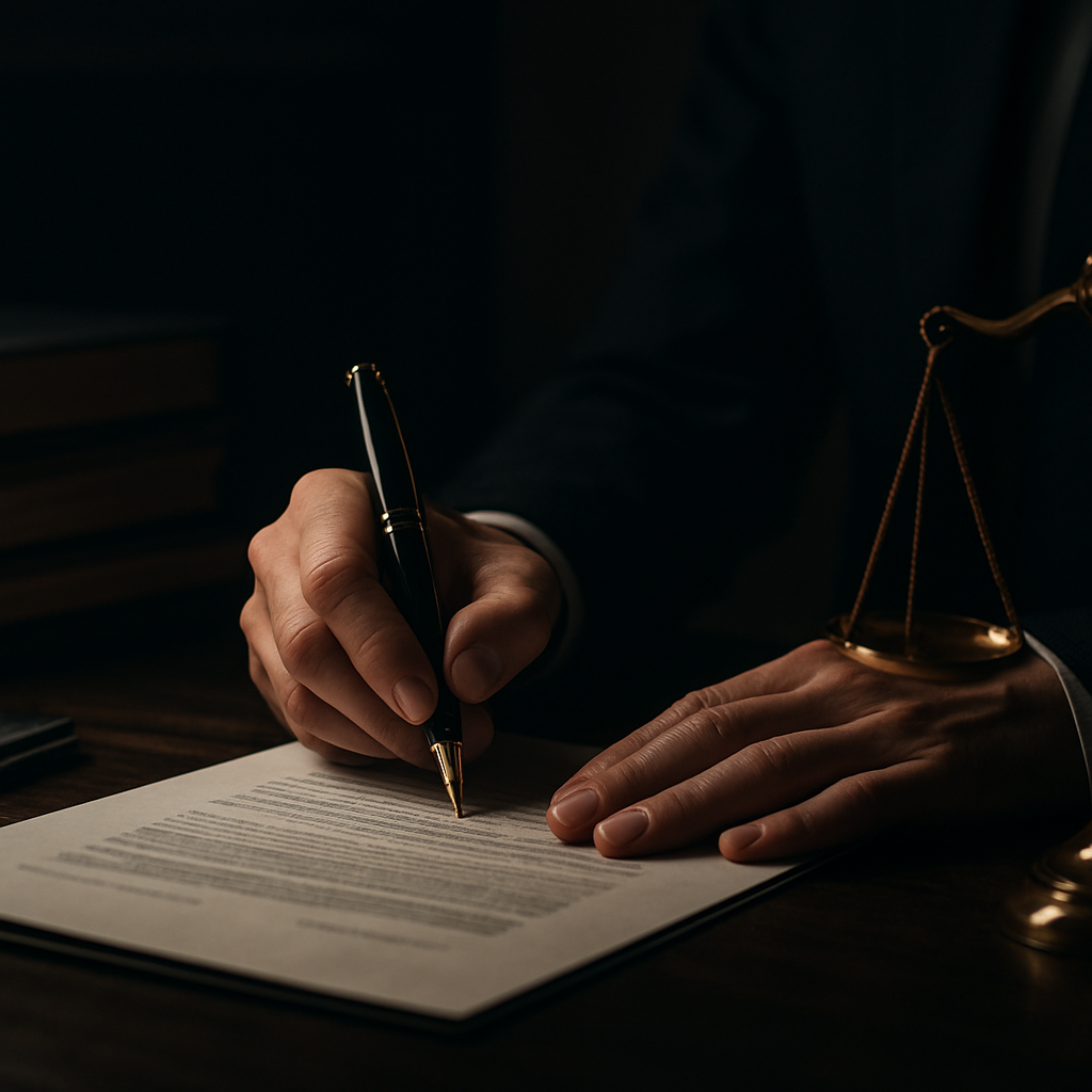 Abogado firmando documentos legales junto a una balanza de la justicia